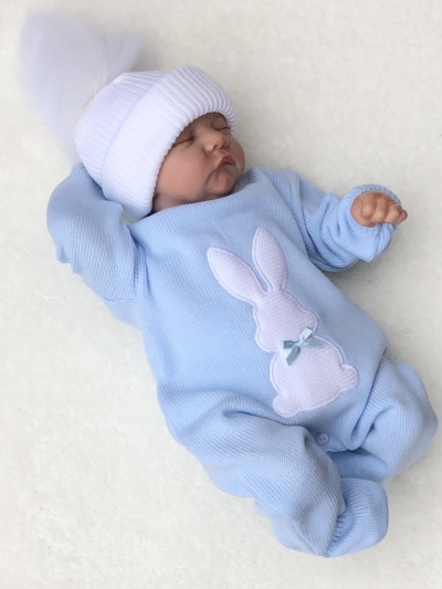 babies blue white knitted bunny motif romper 