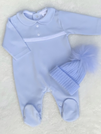 baby blue boys pleated detailing  cotton romper