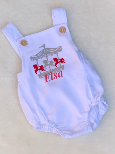 unisex white linen baby romper embroided carousel personalised 