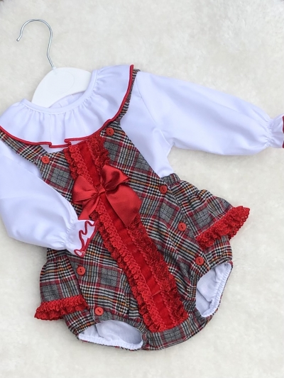 christmas winter checked baby girls romper red bow white blouse