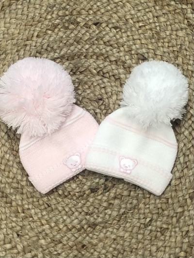 newborn baby girls pom pom knitted hat pink white