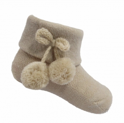 babies unisex beige/biscuit ankle pom pom socks