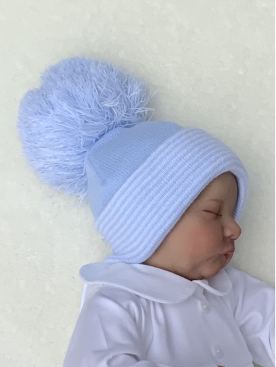 baby boys blue knitted pom pom hat 