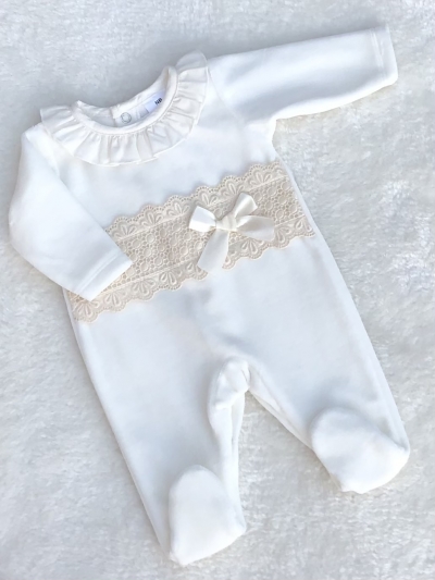 baby girls cream beige lace velour all in one romper