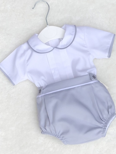 baby boys white pleat front shirt grey shorts