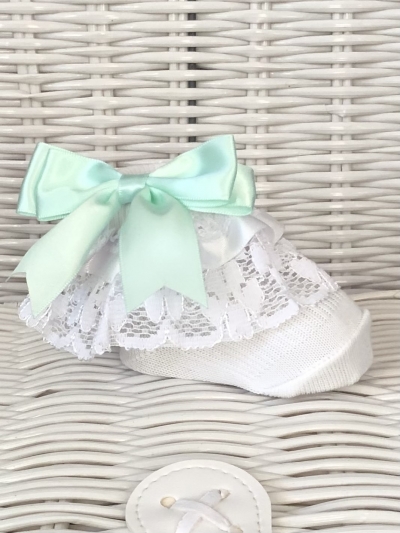 baby girls white frilly lace ankle socks mint green bow
