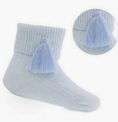 babies blue turn over ankle socks tassel