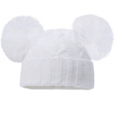 baby unisex knitted double pom pom hat in white
