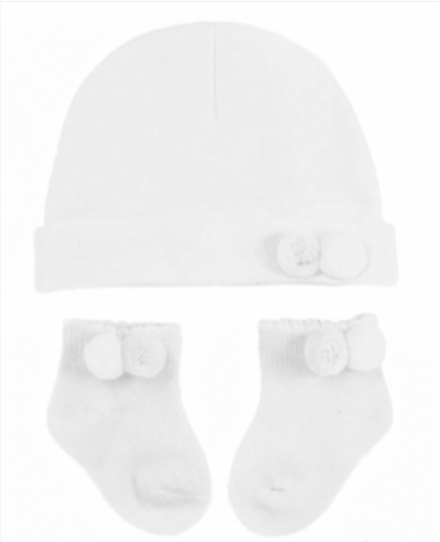 unisex white cotton hat matching socks pom poms