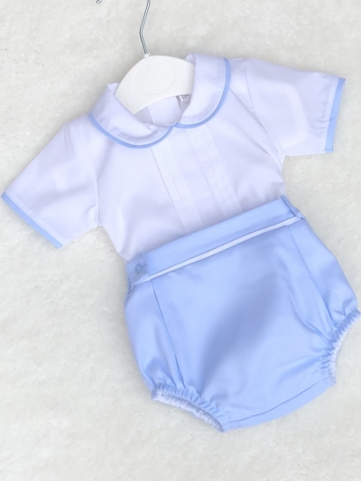 baby boys white pleat cotton blouse blue shorts 