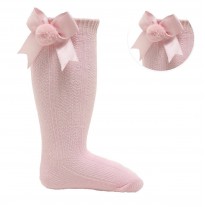 spanish style baby girls knee high bow pom pom socks pink
