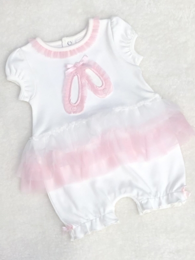 baby girls cream romper with pink ruffle ballet shoes 
