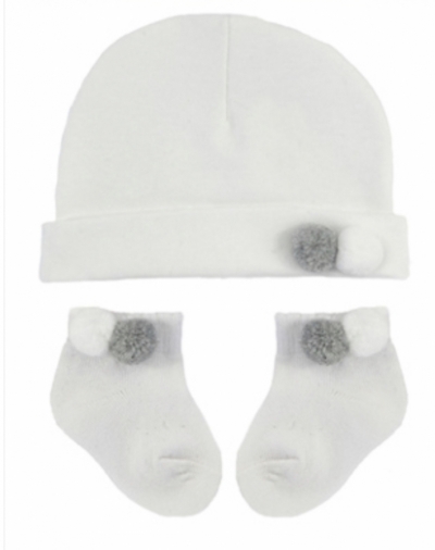 unisex white grey pom pom hat matching socks