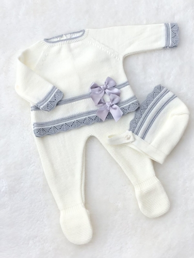 babies knitted cream grey  knitted set hat jumper trousers