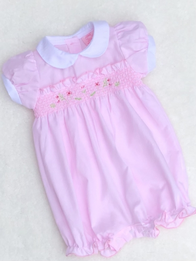 baby girls pink white smocked embroided cotton romper 