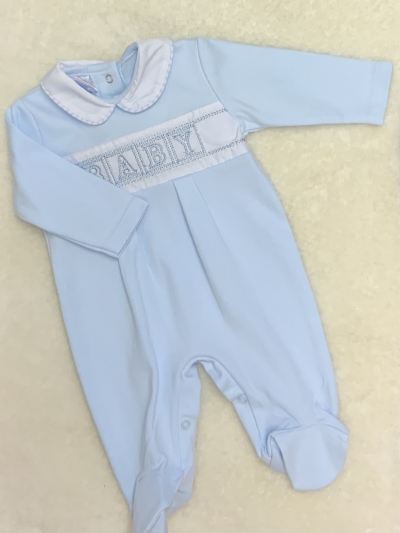 baby boys blue cotton all in one romper baby motif