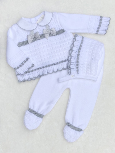 unisex white grey knitted jumper trousers and hat