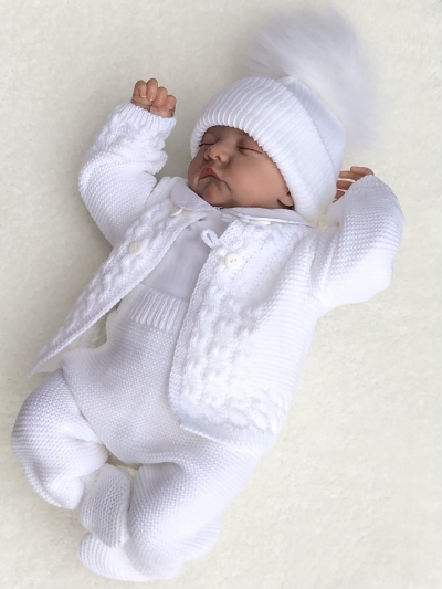 babies white unisex knitted set cardigan trousers