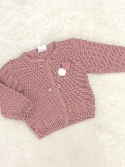 baby girls knitted dusky pink cardigan pom poms