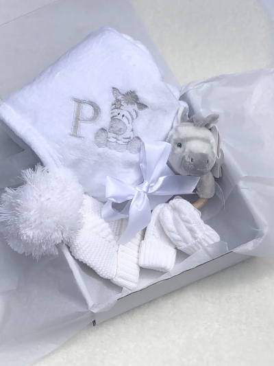 personalised embroided zebra gift set hat blanket rattle mitts