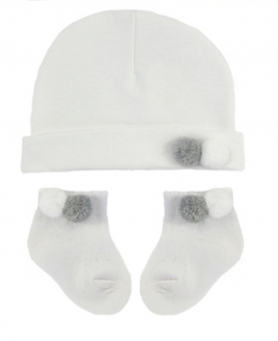 unisex white babies hat grey white pom pom socks