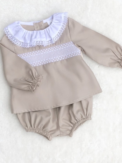 baby girls biscuit beige smocked cotton tunic dress pants