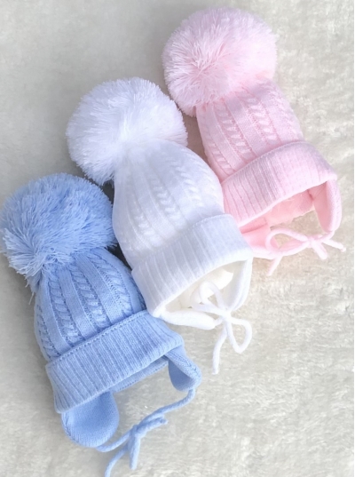 babies cable knitted pom pom tie hats 