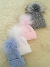 babies faux fur pom pom knit hat pink white blue 