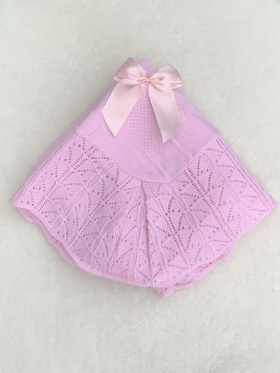 baby girls pink large knitted  babies shawl blanket bow