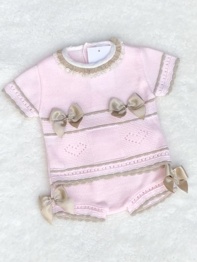baby girls pink pointelle knitted top jam pants beige bows 
