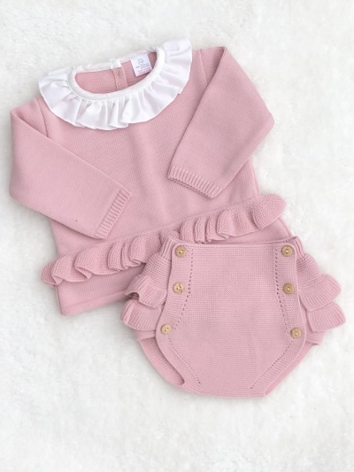 baby girls dusky pink knitted riffle jumper jam pants