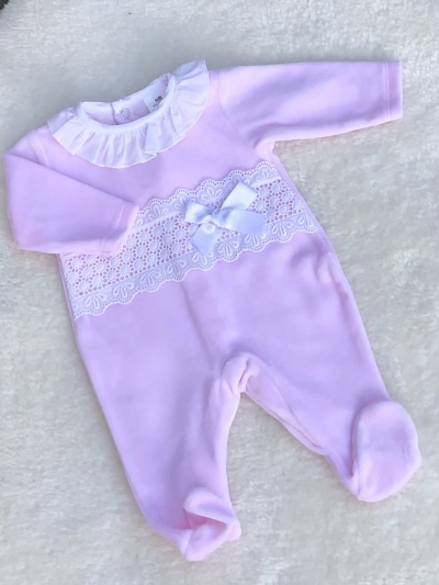 baby girls pink velour all in one romper lace bow