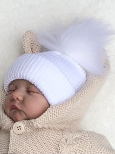 babies unisex white knitted faux fur pom pom hat
