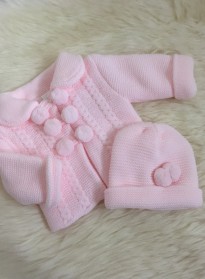 spanish style baby girls knitted coatigan hat pink pom poms 
