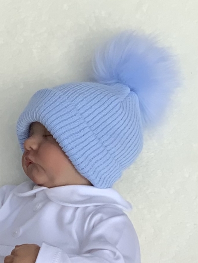 baby blue boys knitted faux fur pom pom hat