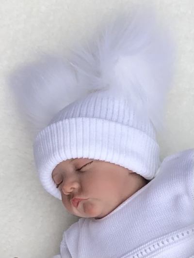 babies white unisex double faux pom pom hat 