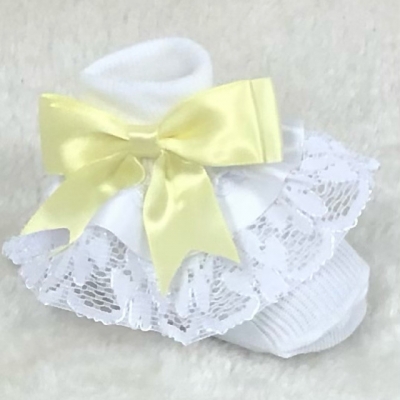 traditional baby girls  frilly lace socks lemon white