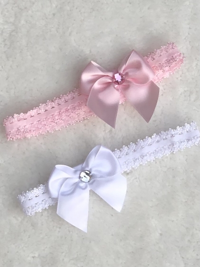 baby girls lace headband satin bow gem  white pink