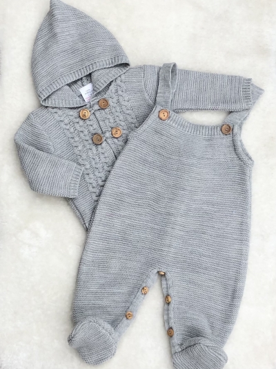 unisex grey knitted dungerees matching jacket