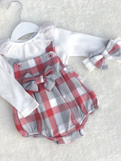 baby girls grey red checked romper dungerees shorts t-shirt
