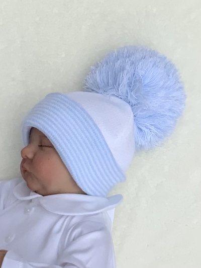 baby boys knitted hat blue white large pom pom