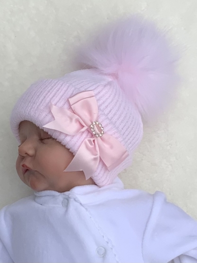 baby girls pink knitted diamante bow pom pom hat