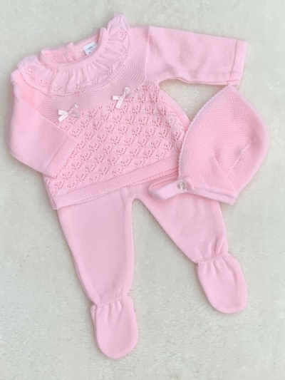 baby girls pink knitted jumper trousers hat