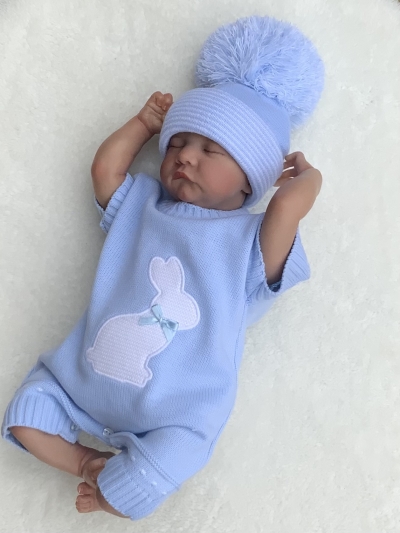 baby boys blue easter bunny knitted romper 