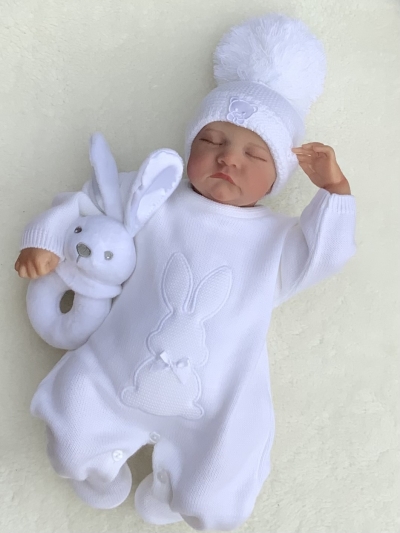 babies white knitted romper bunny rabbit applique 